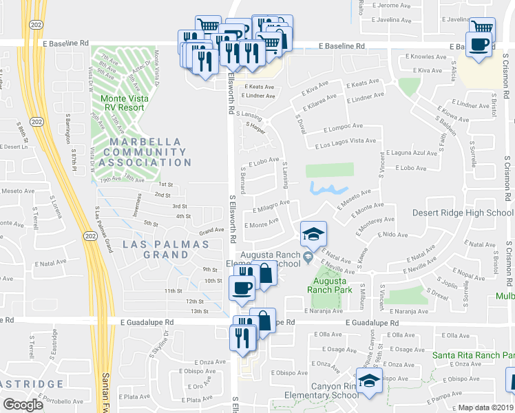 map of restaurants, bars, coffee shops, grocery stores, and more near 9248 East Milagro Avenue in Mesa