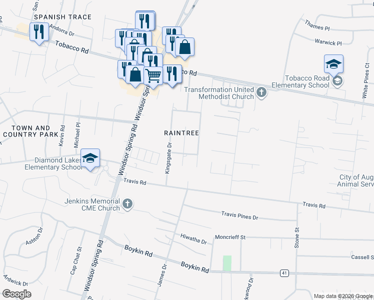 map of restaurants, bars, coffee shops, grocery stores, and more near 3716 Tahitian Trail in Hephzibah