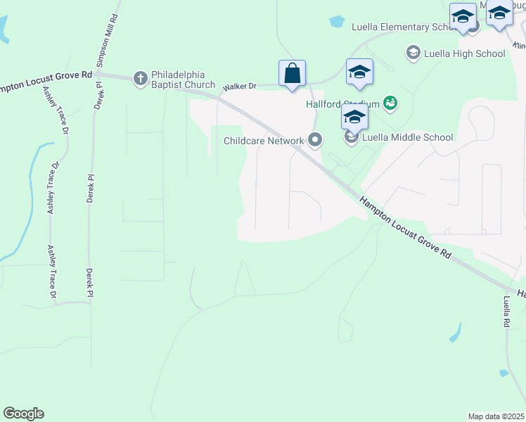 map of restaurants, bars, coffee shops, grocery stores, and more near 175 Planters Walk in Locust Grove