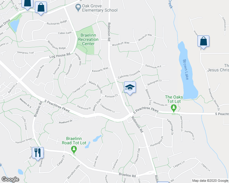 map of restaurants, bars, coffee shops, grocery stores, and more near 502 Caxton Court in Peachtree City