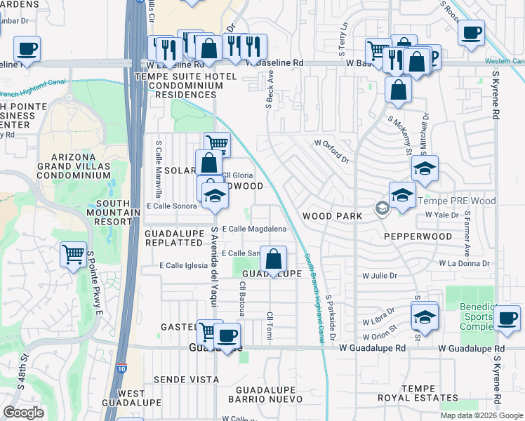 map of restaurants, bars, coffee shops, grocery stores, and more near 8410 Calle Tomi in Guadalupe
