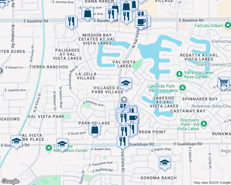 map of restaurants, bars, coffee shops, grocery stores, and more near 105 North Villages of Park Village in Gilbert