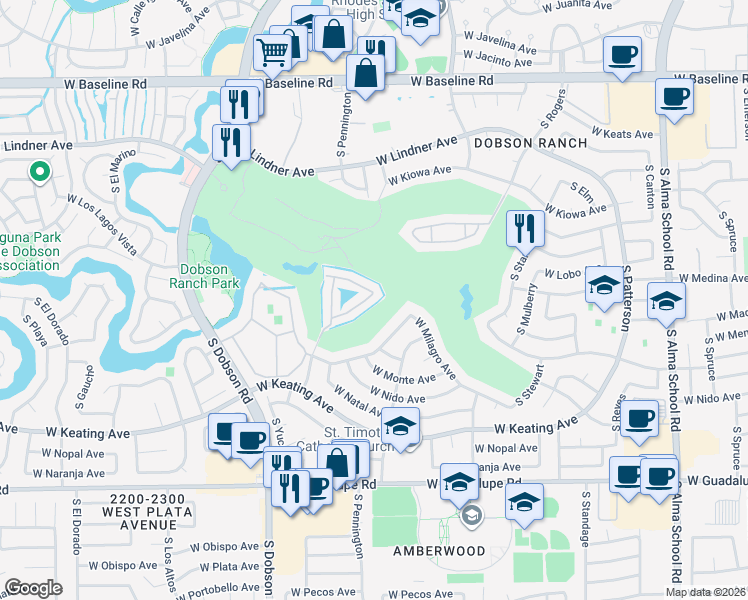 map of restaurants, bars, coffee shops, grocery stores, and more near 1720 West Milagro Avenue in Mesa