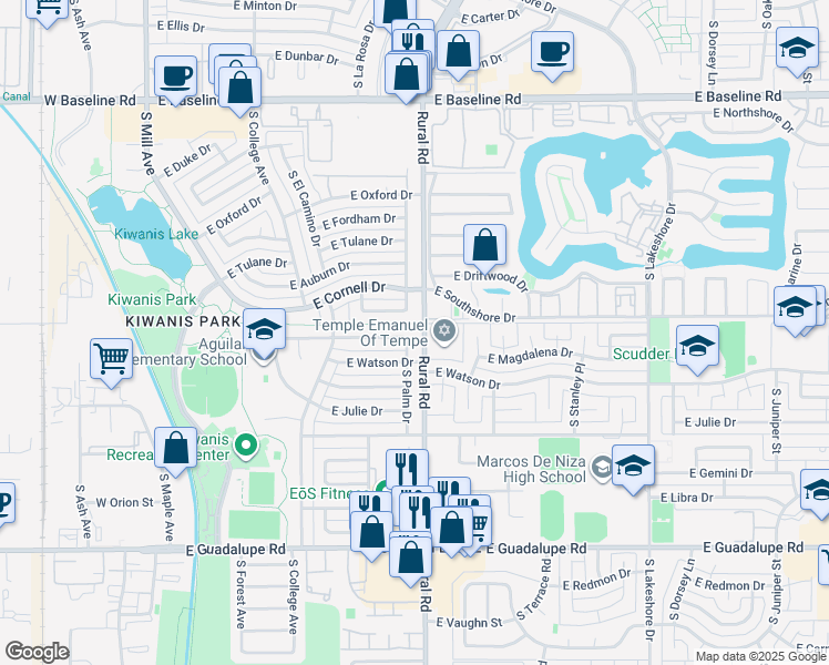 map of restaurants, bars, coffee shops, grocery stores, and more near 5777 South Rural Road in Tempe