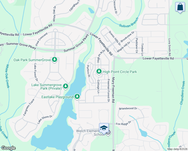 map of restaurants, bars, coffee shops, grocery stores, and more near 53 High Point Circle in Newnan