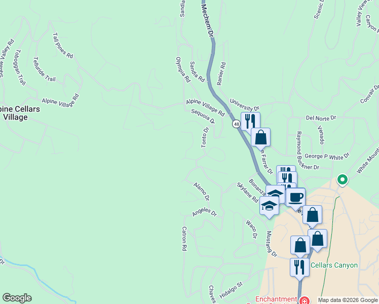 map of restaurants, bars, coffee shops, grocery stores, and more near 100 Kaibab Drive in Ruidoso