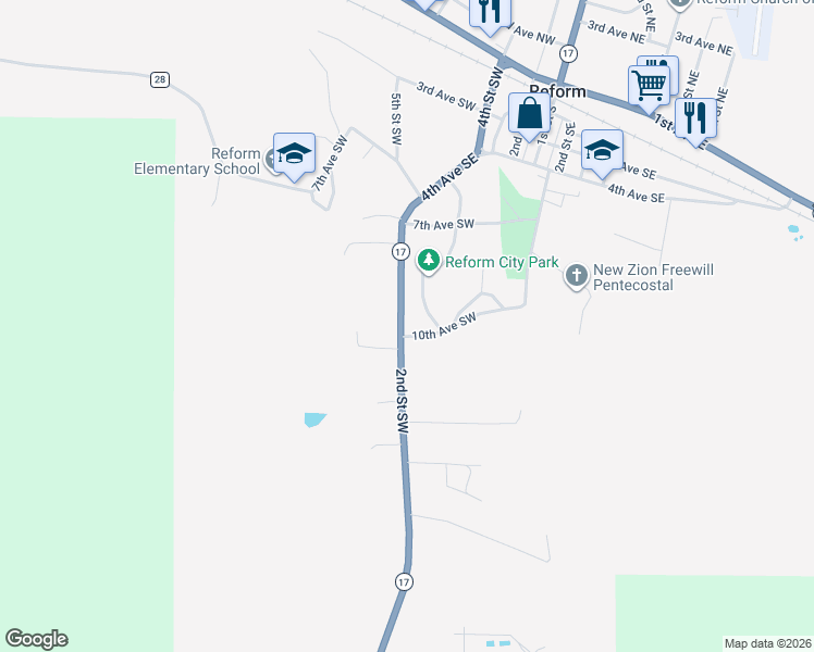 map of restaurants, bars, coffee shops, grocery stores, and more near 914 2nd Street SouthWEST in Reform
