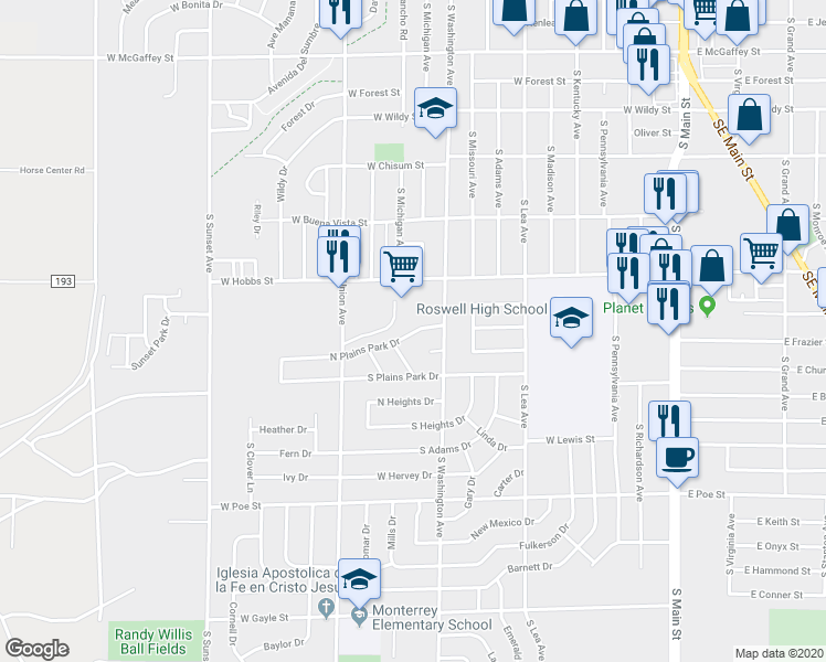map of restaurants, bars, coffee shops, grocery stores, and more near 709 North Plains Park Drive in Roswell