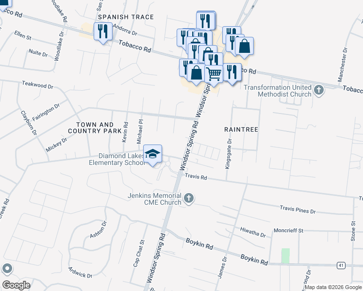 map of restaurants, bars, coffee shops, grocery stores, and more near 4145 Windsor Spring Road in Hephzibah