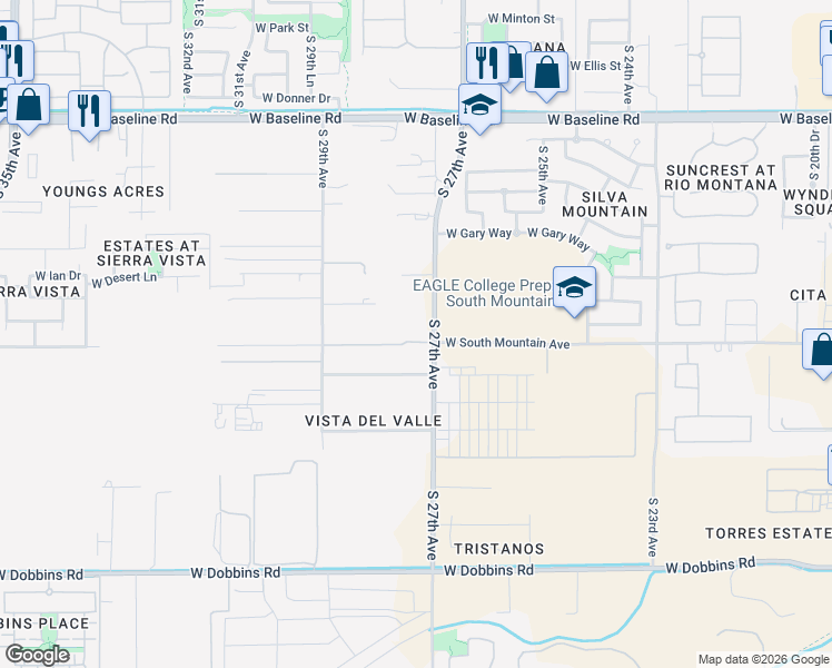 map of restaurants, bars, coffee shops, grocery stores, and more near 8244 South 27th Avenue in Maricopa County