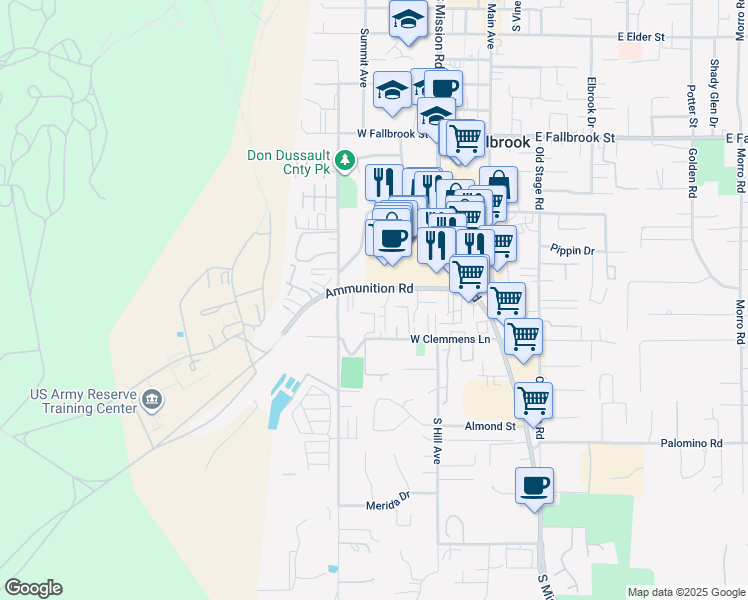 map of restaurants, bars, coffee shops, grocery stores, and more near 430 Ammunition Road in Fallbrook