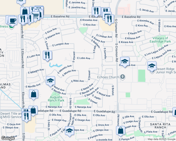 map of restaurants, bars, coffee shops, grocery stores, and more near 2446 South Drexel in Mesa