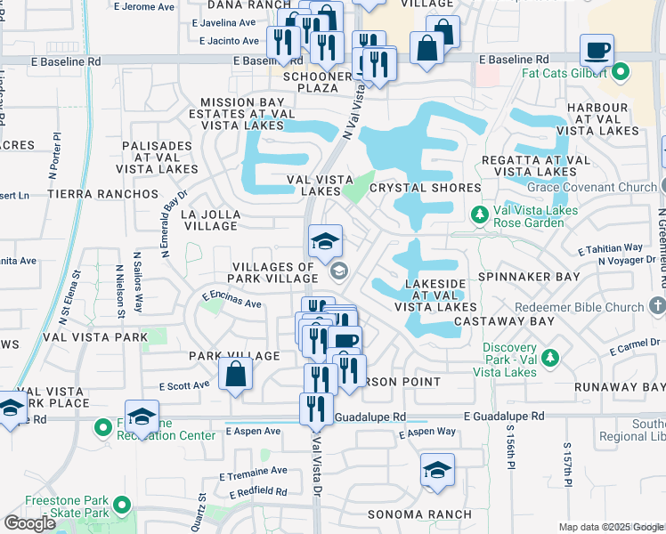 map of restaurants, bars, coffee shops, grocery stores, and more near 1030 North Blue Grotto Drive in Gilbert