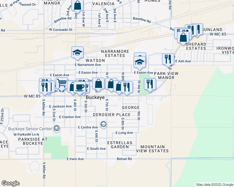 map of restaurants, bars, coffee shops, grocery stores, and more near 724 Monroe Avenue in Buckeye