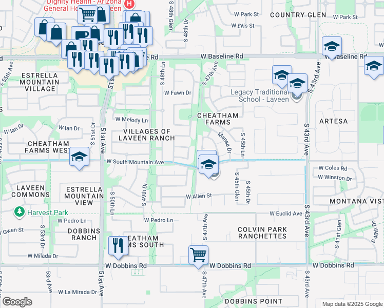 map of restaurants, bars, coffee shops, grocery stores, and more near 8324 South 47th Avenue in Phoenix