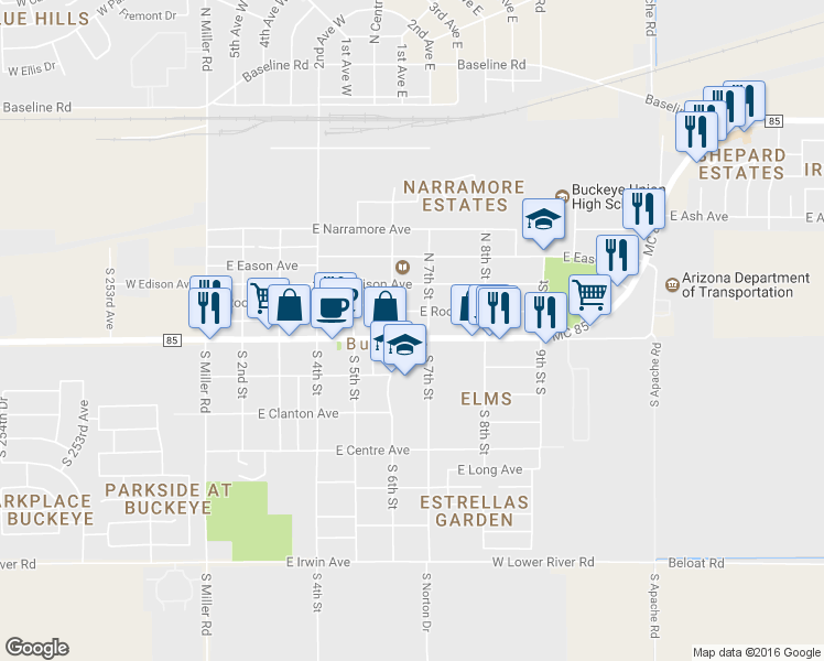 map of restaurants, bars, coffee shops, grocery stores, and more near 608 East Monroe Avenue in Buckeye