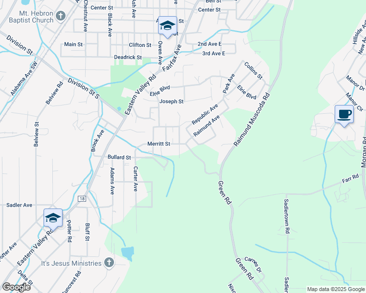 map of restaurants, bars, coffee shops, grocery stores, and more near 1516 Mountain Road in Bessemer