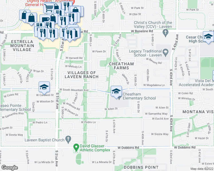 map of restaurants, bars, coffee shops, grocery stores, and more near 8315 South 47th Lane in Phoenix