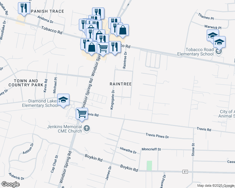 map of restaurants, bars, coffee shops, grocery stores, and more near 2409 Argentina Drive in Hephzibah