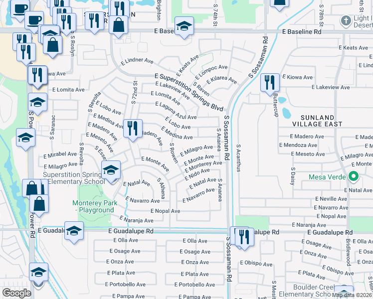 map of restaurants, bars, coffee shops, grocery stores, and more near 2463 South Avoca Circle in Mesa