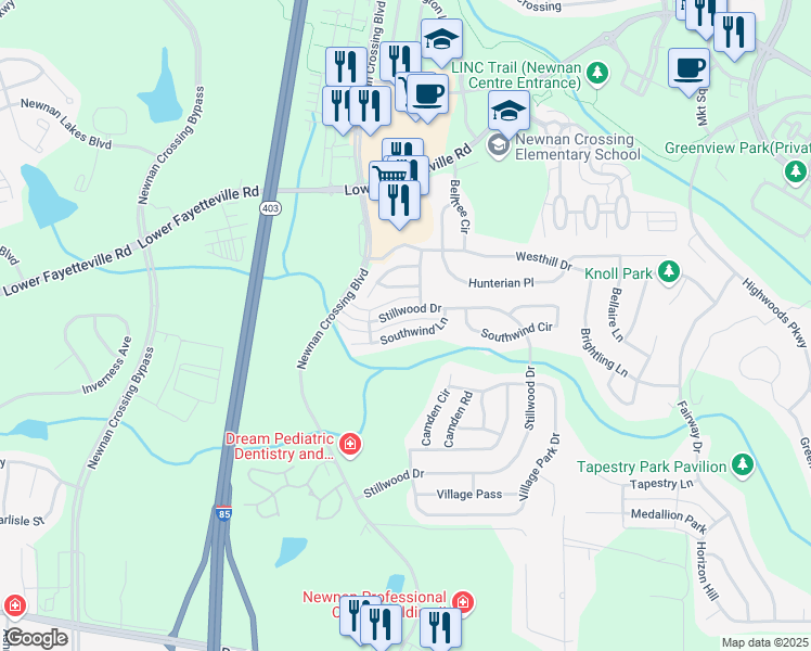 map of restaurants, bars, coffee shops, grocery stores, and more near 179 Southwind Lane in Newnan