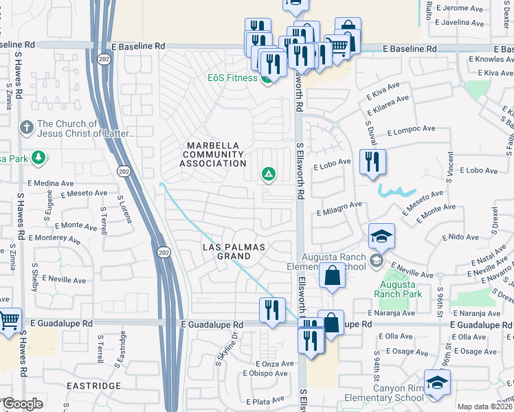 map of restaurants, bars, coffee shops, grocery stores, and more near 2550 South Ellsworth Road in Mesa
