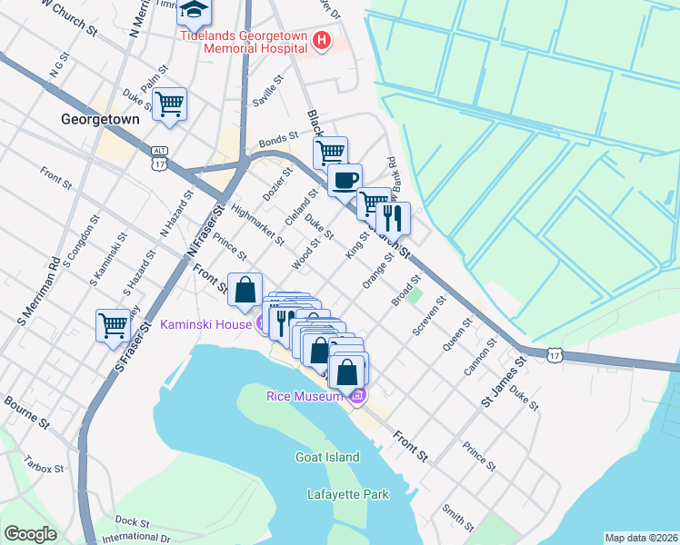map of restaurants, bars, coffee shops, grocery stores, and more near 311 Orange Street in Georgetown
