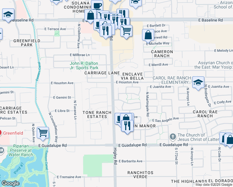 map of restaurants, bars, coffee shops, grocery stores, and more near 1116 North Seton Avenue in Gilbert