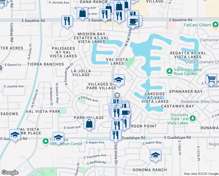 map of restaurants, bars, coffee shops, grocery stores, and more near 105 North Villages of Park Village in Gilbert