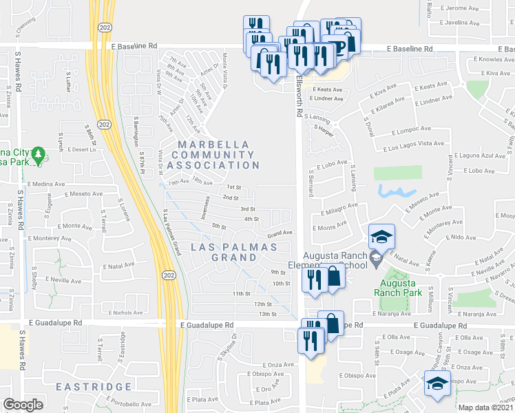 map of restaurants, bars, coffee shops, grocery stores, and more near 2550 South Ellsworth Road in Mesa
