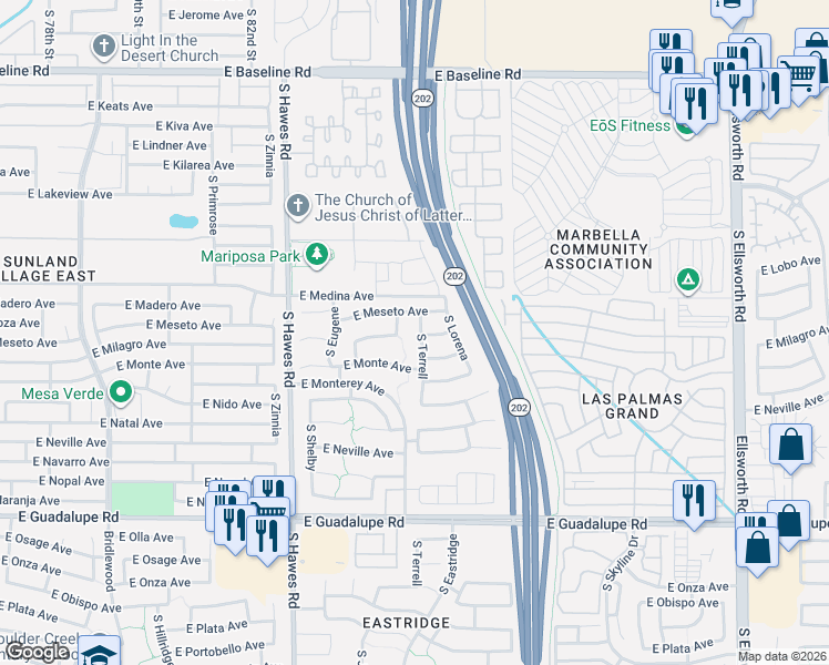 map of restaurants, bars, coffee shops, grocery stores, and more near 2459 South Terrell in Mesa