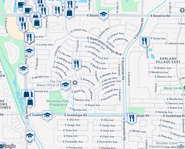 map of restaurants, bars, coffee shops, grocery stores, and more near 7345 East Milagro Avenue in Mesa