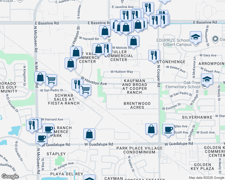 map of restaurants, bars, coffee shops, grocery stores, and more near 1068 West Cooley Drive in Gilbert