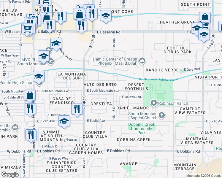 map of restaurants, bars, coffee shops, grocery stores, and more near 841 East South Mountain Avenue in Phoenix