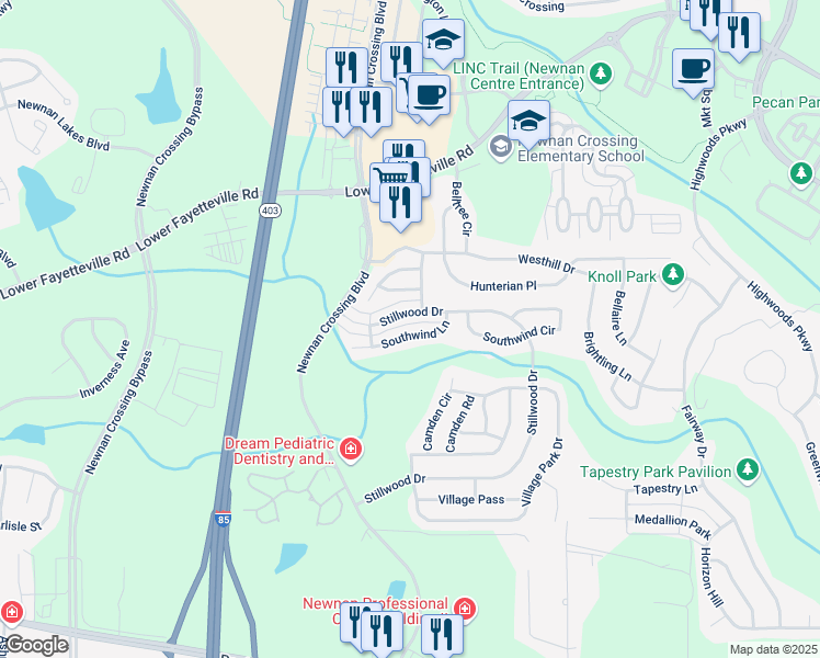 map of restaurants, bars, coffee shops, grocery stores, and more near 159 Southwind Lane in Newnan