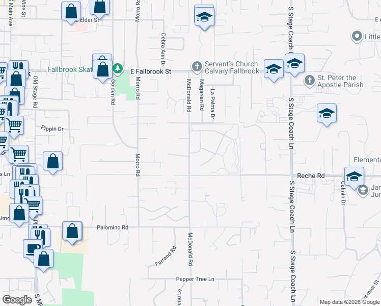 map of restaurants, bars, coffee shops, grocery stores, and more near 1044 Crescent Bend in Fallbrook