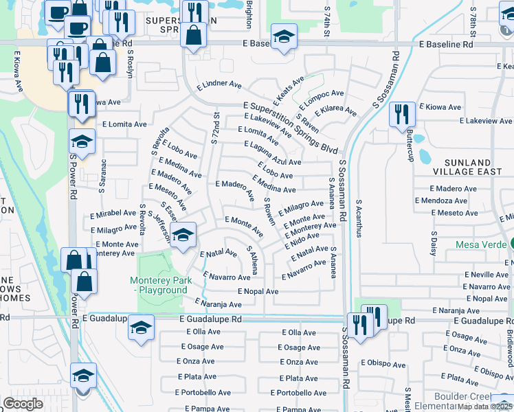 map of restaurants, bars, coffee shops, grocery stores, and more near 7345 East Milagro Avenue in Mesa