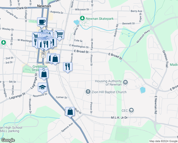 map of restaurants, bars, coffee shops, grocery stores, and more near 35 Burch Avenue in Newnan