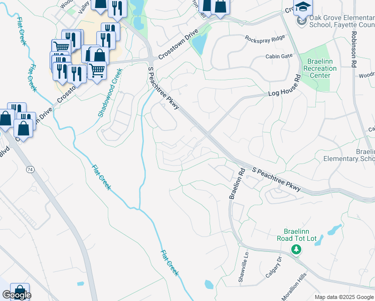 map of restaurants, bars, coffee shops, grocery stores, and more near 450 South Peachtree Parkway in Peachtree City