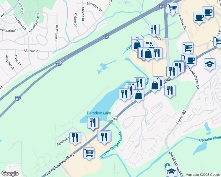 map of restaurants, bars, coffee shops, grocery stores, and more near 3188 Paradise Acres in Birmingham