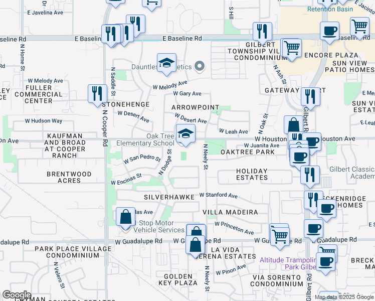 map of restaurants, bars, coffee shops, grocery stores, and more near 505 West Houston Avenue in Gilbert