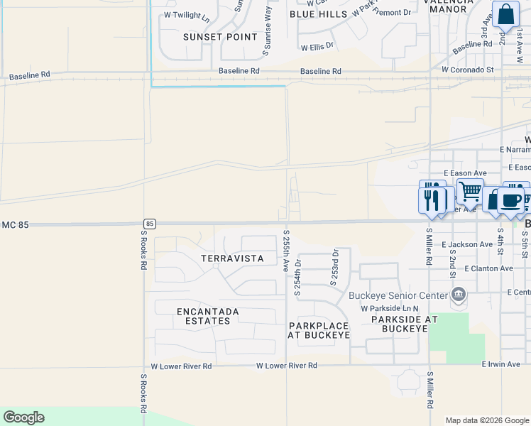 map of restaurants, bars, coffee shops, grocery stores, and more near 25600 MC 85 in Buckeye