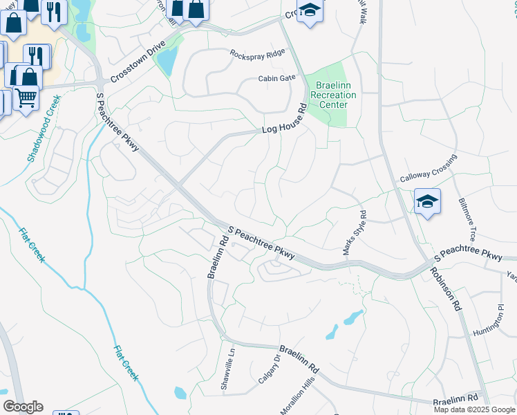 map of restaurants, bars, coffee shops, grocery stores, and more near 135 Summer Brooke in Peachtree City
