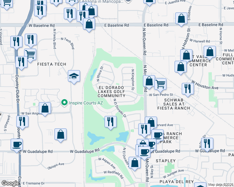 map of restaurants, bars, coffee shops, grocery stores, and more near 1743 West Encinas Street in Gilbert