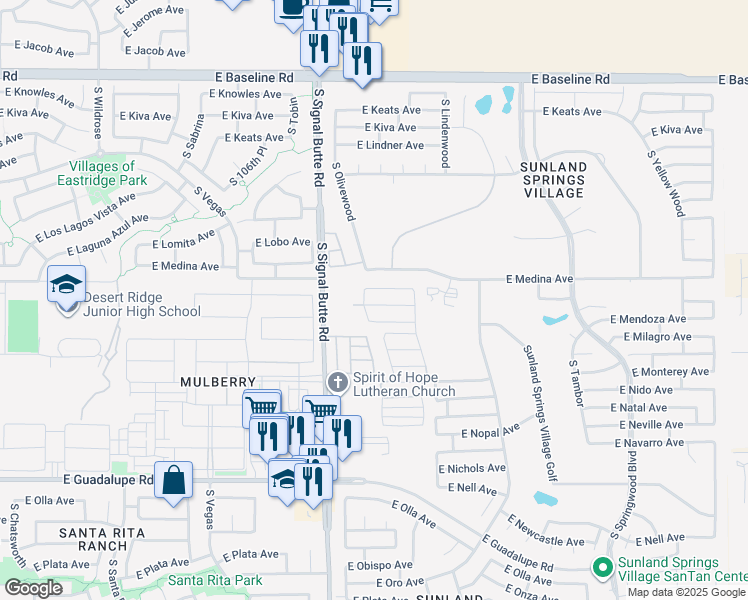 map of restaurants, bars, coffee shops, grocery stores, and more near 10960 East Monte Avenue in Mesa