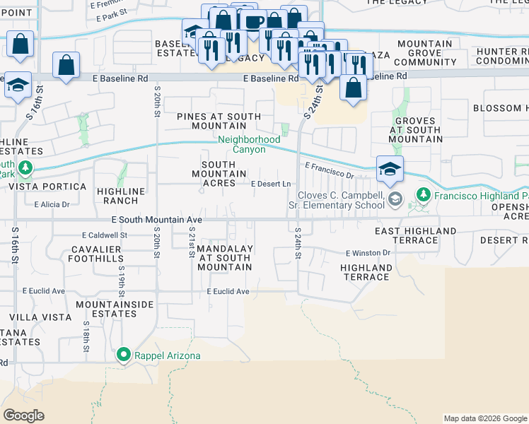 map of restaurants, bars, coffee shops, grocery stores, and more near 2312 East South Mountain Avenue in Phoenix