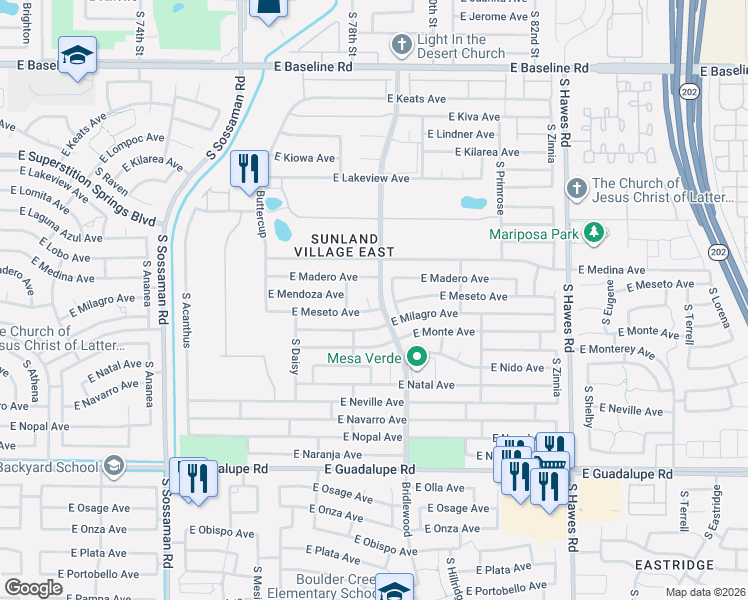 map of restaurants, bars, coffee shops, grocery stores, and more near 7963 East Meseto Avenue in Mesa