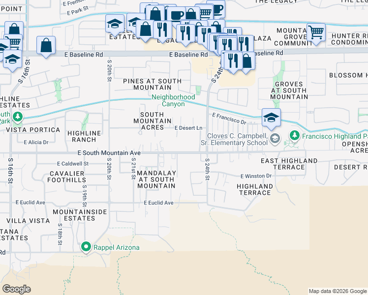 map of restaurants, bars, coffee shops, grocery stores, and more near 2312 East South Mountain Avenue in Phoenix