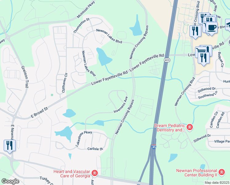 map of restaurants, bars, coffee shops, grocery stores, and more near 30 Lismore Way in Newnan
