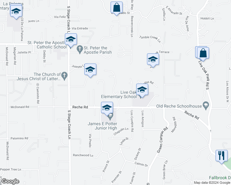 map of restaurants, bars, coffee shops, grocery stores, and more near 714 Oak Glade Drive in Fallbrook